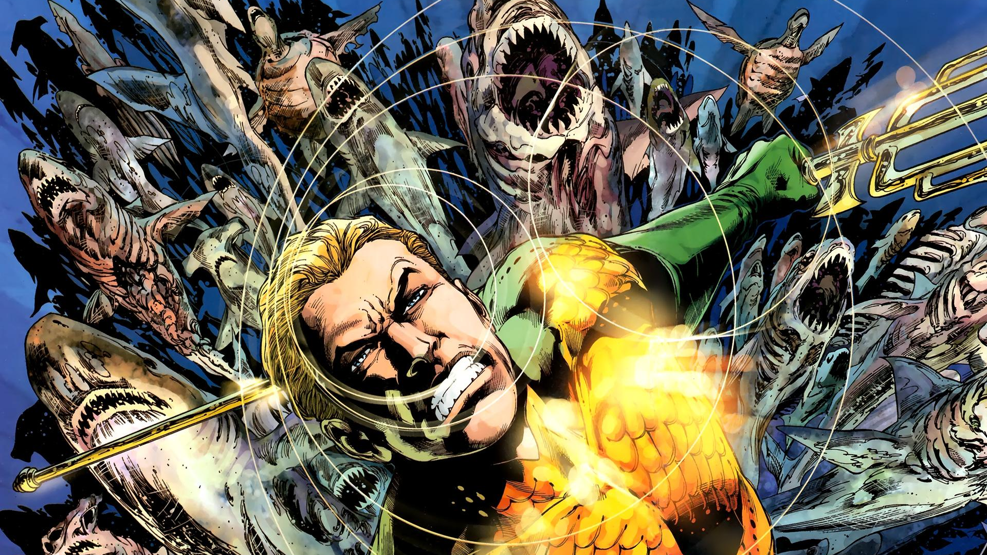 HD PC desktop wallpaper featuring Aquaman from the comic series battling ferocious sharks in an intense underwater scene.