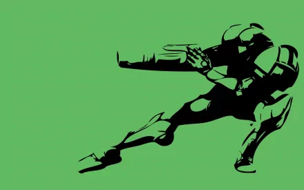 A striking HD PC desktop wallpaper featuring a silhouette of a character from the Metroid video game series against a vibrant green background.