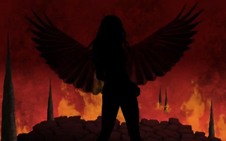 HD desktop wallpaper featuring a dark angel silhouette with expansive wings against a fiery, ominous background of glowing flames and sharp spires.