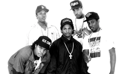 Black and white HD desktop wallpaper featuring the hip-hop group N.W.A., showcasing five members in iconic 1980s and 1990s streetwear and caps.