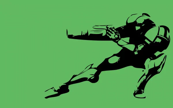 A striking HD PC desktop wallpaper featuring a silhouette of a character from the Metroid video game series against a vibrant green background.