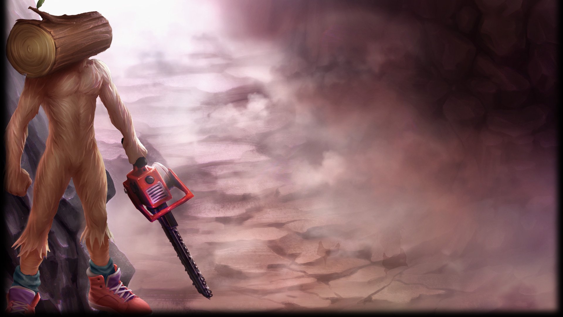 HD PC desktop wallpaper from Duck Game: a boot-wearing character clutching a red chainsaw at left, standing before a misty, rocky cavern backdrop with dramatic lighting.