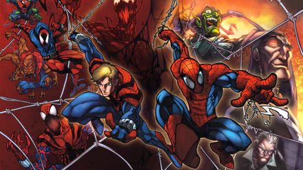 HD PC desktop wallpaper featuring Spider-Man, Green Goblin, and characters from the Clone Saga in a dynamic comic-style scene.
