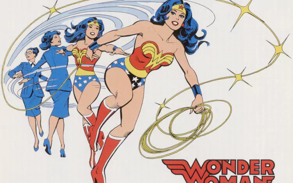A vibrant HD wallpaper features Wonder Woman, also known as Diana Prince, showcasing her Lasso of Truth in dynamic action, embodying strength and heroism in classic DC Comics style.