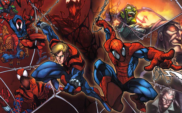 HD PC desktop wallpaper featuring Spider-Man, Green Goblin, and characters from the Clone Saga in a dynamic comic-style scene.