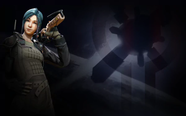 HD PC desktop wallpaper featuring a female character from the video game Dirty Bomb holding a weapon, set against a dark background with a shadowy bomb symbol.