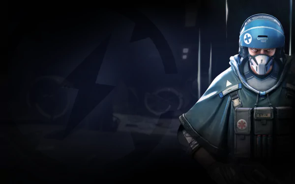 HD PC desktop wallpaper from the video game Dirty Bomb showing a masked operative in a blue helmet and tactical gear standing against a dark, shadowy urban background.