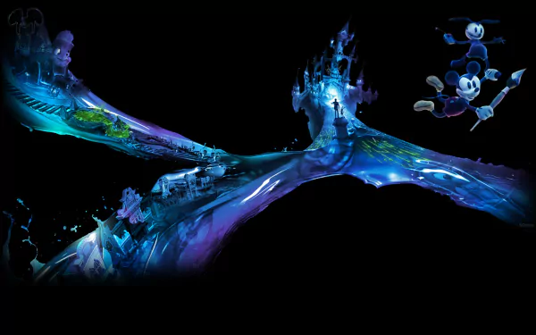 Epic Mickey 2: The Power of Two HD PC wallpaper — glowing blue paint bridge arching across a dark void, Mickey Mouse and Oswald the Lucky Rabbit silhouetted at top right.