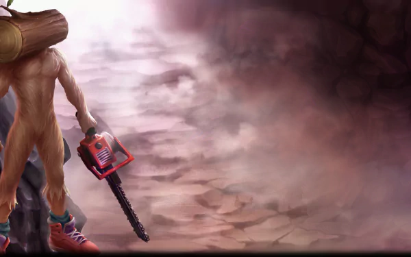 HD PC desktop wallpaper from Duck Game: a boot-wearing character clutching a red chainsaw at left, standing before a misty, rocky cavern backdrop with dramatic lighting.
