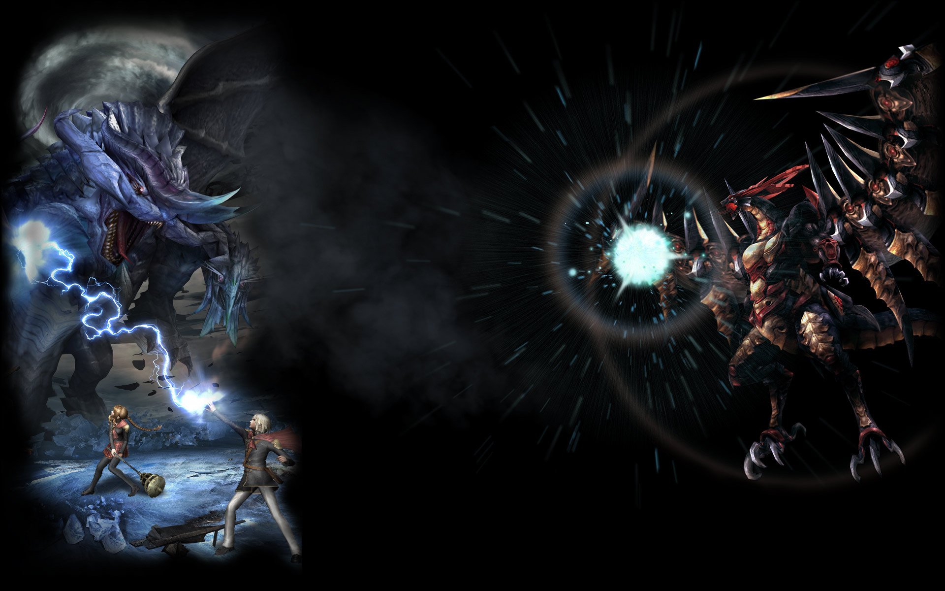 HD PC desktop wallpaper featuring an intense battle scene from the video game Final Fantasy Type-0 with characters facing off against powerful dragon-like creatures.