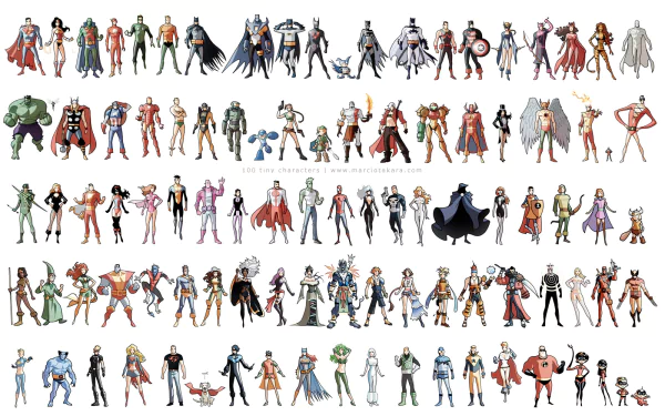 A vibrant comic-style collage featuring a variety of superheroes and characters, designed as a high-definition desktop wallpaper and background.
