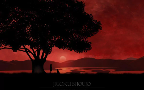 HD anime desktop wallpaper from Jigoku Shōjo featuring a silhouetted figure under a large tree against a red sunset over a calm lake with distant mountains.