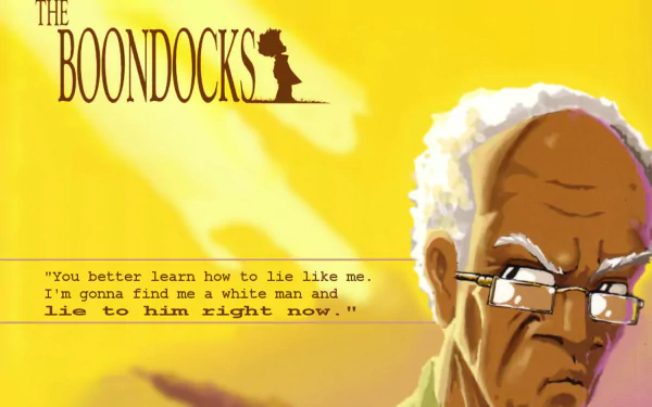 HD PC desktop wallpaper and background from The Boondocks TV show: close-up of an older man with glasses against a yellow backdrop, show logo and a quoted line.