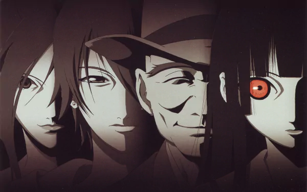 Moody Hell Girl anime 4K Ultra HD PC desktop wallpaper showing four shadowed faces in a row, one with a glowing red eye, dark sepia tones and an eerie, haunting atmosphere.