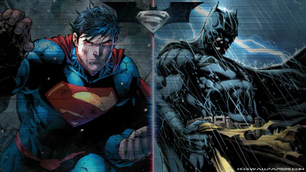 HD PC desktop wallpaper background: comic-style split image of Superman (left) and a rain-soaked Batman (right), dramatic Batman/Superman showdown.