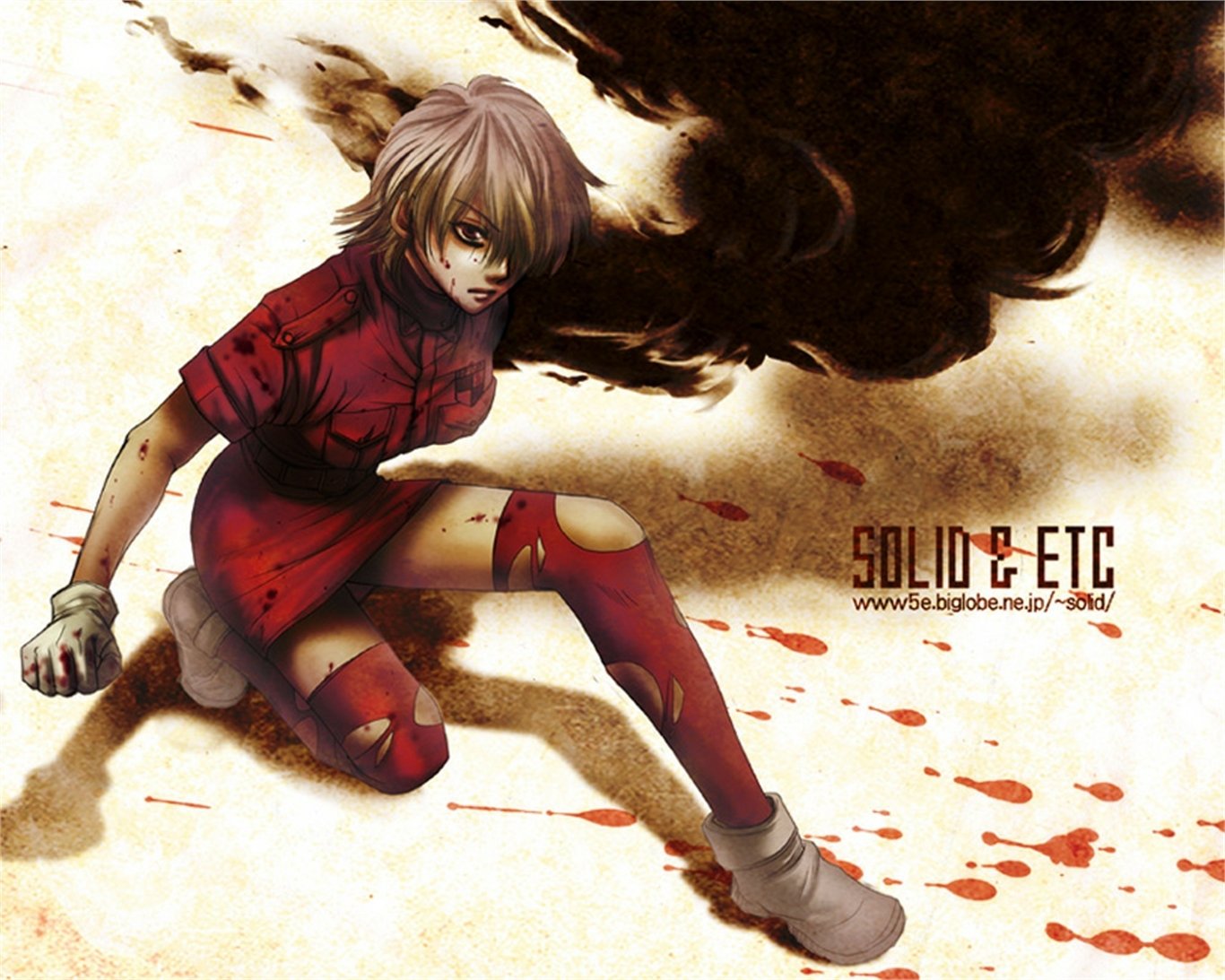 HD anime desktop wallpaper featuring a Hellsing character with dark wings, wearing a torn red outfit, set against a blood-spattered background.