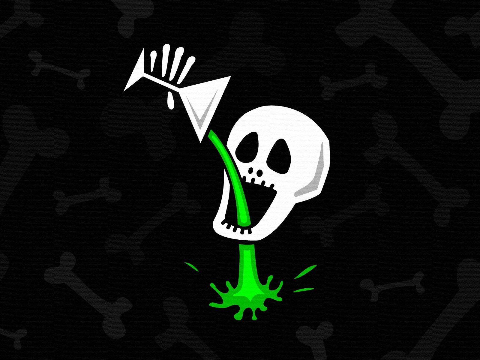 A vibrant dark-themed HD wallpaper featuring a playful skull pouring bright green liquid from a flask, set against a backdrop of skeletal bones.