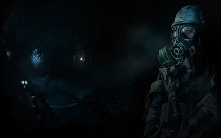 Dark, atmospheric HD desktop wallpaper featuring a character in a gas mask from the video game Metro 2033 Redux, set in a shadowy, post-apocalyptic environment.