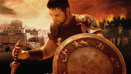 HD desktop wallpaper of Russell Crowe as a gladiator from the movie Gladiator, featuring him in armor with a sword and shield, set against an ancient city backdrop with a dramatic, fiery sky.
