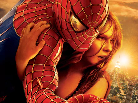 A dramatic HD wallpaper from Spider-Man 2, featuring Kirsten Dunst and Spider-Man in an intense embrace against a vibrant sunset backdrop.