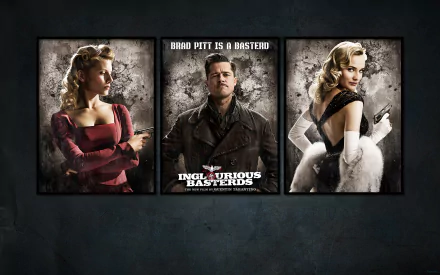 Wallpaper featuring Diane Kruger, Melanie Laurent, and Brad Pitt from the movie Inglourious Basterds, showcasing dynamic character portrayals in a stylish collage.