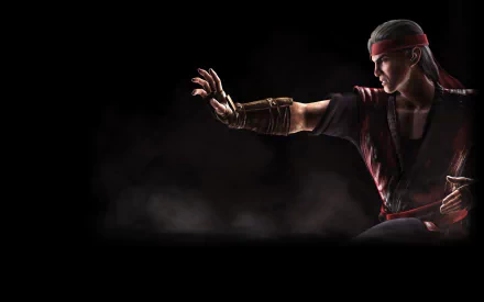 Liu Kang from Mortal Kombat X is captured in a dynamic pose against a dark background, showcasing his martial arts prowess in this HD desktop wallpaper.