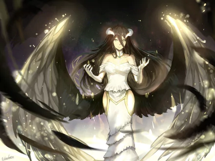 HD desktop wallpaper featuring Albedo from the anime Overlord, beautifully illustrated with her black wings and white dress, set against a mystical background.