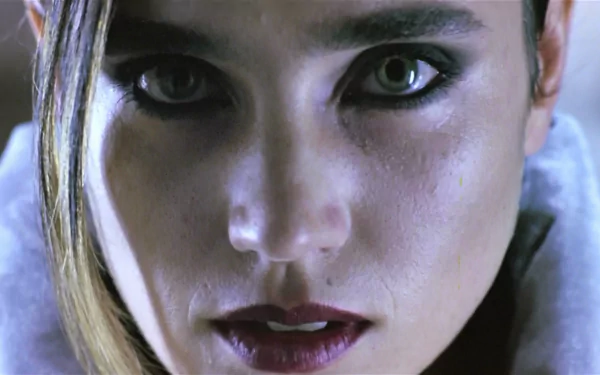 Close-up HD desktop wallpaper of Jennifer Connelly from the movie Requiem For A Dream, showcasing intense eye makeup and a somber expression.