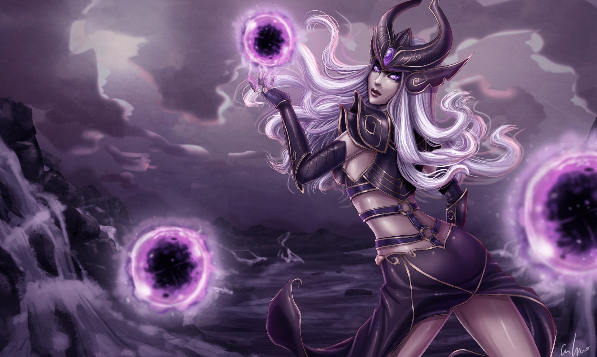 Syndra (League of Legends) conjures swirling dark orbs over a stormy purple landscape - League of Legends video game 2K Quad HD PC desktop wallpaper