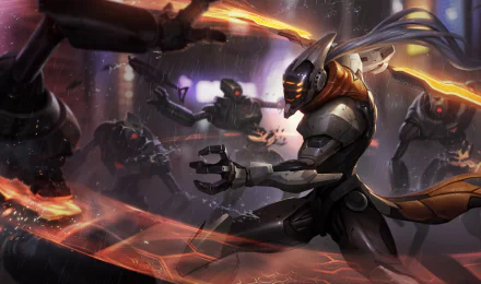 HD desktop wallpaper featuring Master Yi from the video game League of Legends in an intense action scene, battling robotic enemies in a futuristic Ionia setting.