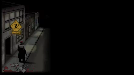 HD PC desktop wallpaper from the video game POSTAL: lone coat-clad figure walks a dim, blood-streaked urban sidewalk under a warning sign, black void filling the right side.