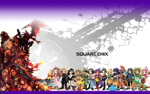 Colorful HD wallpaper featuring iconic characters from the Final Fantasy video game series, showcasing art styles from various game installments and the Square Enix logo.