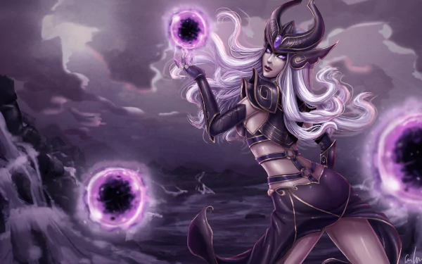Syndra (League of Legends) conjures swirling dark orbs over a stormy purple landscape - League of Legends video game 2K Quad HD PC desktop wallpaper