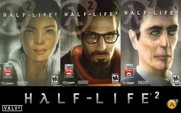 HD PC desktop wallpaper featuring Alyx Vance, Gordon Freeman, and G-Man from the Half-Life 2 video game by Valve.