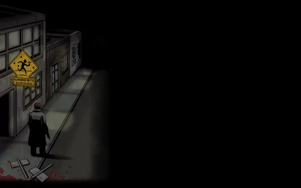 HD PC desktop wallpaper from the video game POSTAL: lone coat-clad figure walks a dim, blood-streaked urban sidewalk under a warning sign, black void filling the right side.