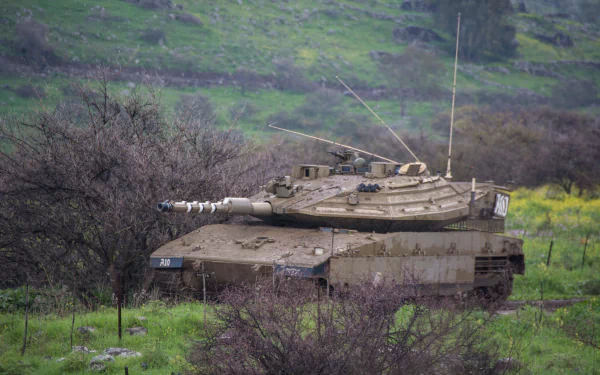 HD PC desktop wallpaper and background: military Merkava main battle tank in a green, hilly field, muddy hull with turret and antennas visible.