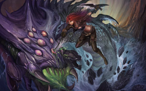 4K Ultra HD desktop wallpaper featuring Katarina from the video game League of Legends in dynamic battle with a monstrous creature.