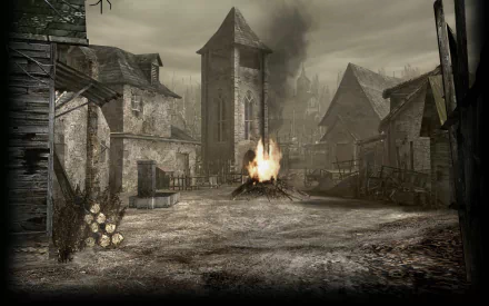 HD desktop wallpaper featuring a haunting scene from Resident Evil 4, showcasing a desolate village with a burning pyre amidst eerie, overcast skies and rustic buildings.