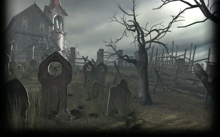 A haunting graveyard scene from Resident Evil 4 features weathered tombstones, twisted trees, and a shadowy church in the background, creating an eerie atmosphere for an HD wallpaper.