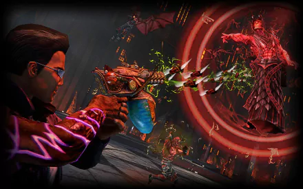HD PC desktop wallpaper from the video game Saints Row: Gat Out Of Hell, featuring a character aiming a glowing weapon at demonic enemies in a dark, intense setting.