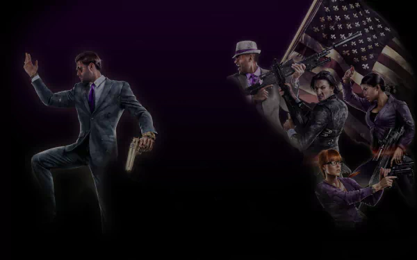 HD PC desktop wallpaper featuring characters from Saints Row IV, showcasing a mix of action and style with a bold purple background.