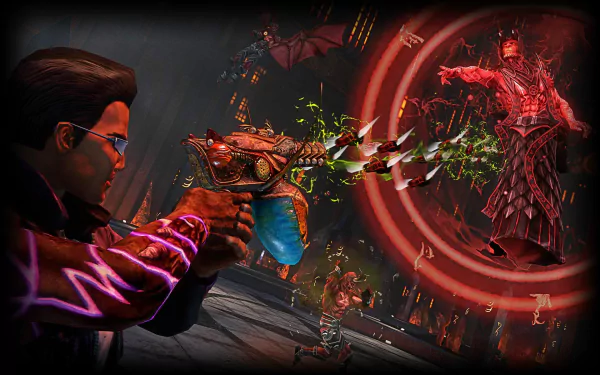 HD PC desktop wallpaper from the video game Saints Row: Gat Out Of Hell, featuring a character aiming a glowing weapon at demonic enemies in a dark, intense setting.