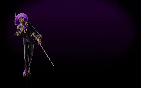 HD PC desktop wallpaper for the video game Saints Row: The Third — a stylized purple-clad gangster with cane and wide-brim hat on a dark purple gradient background.