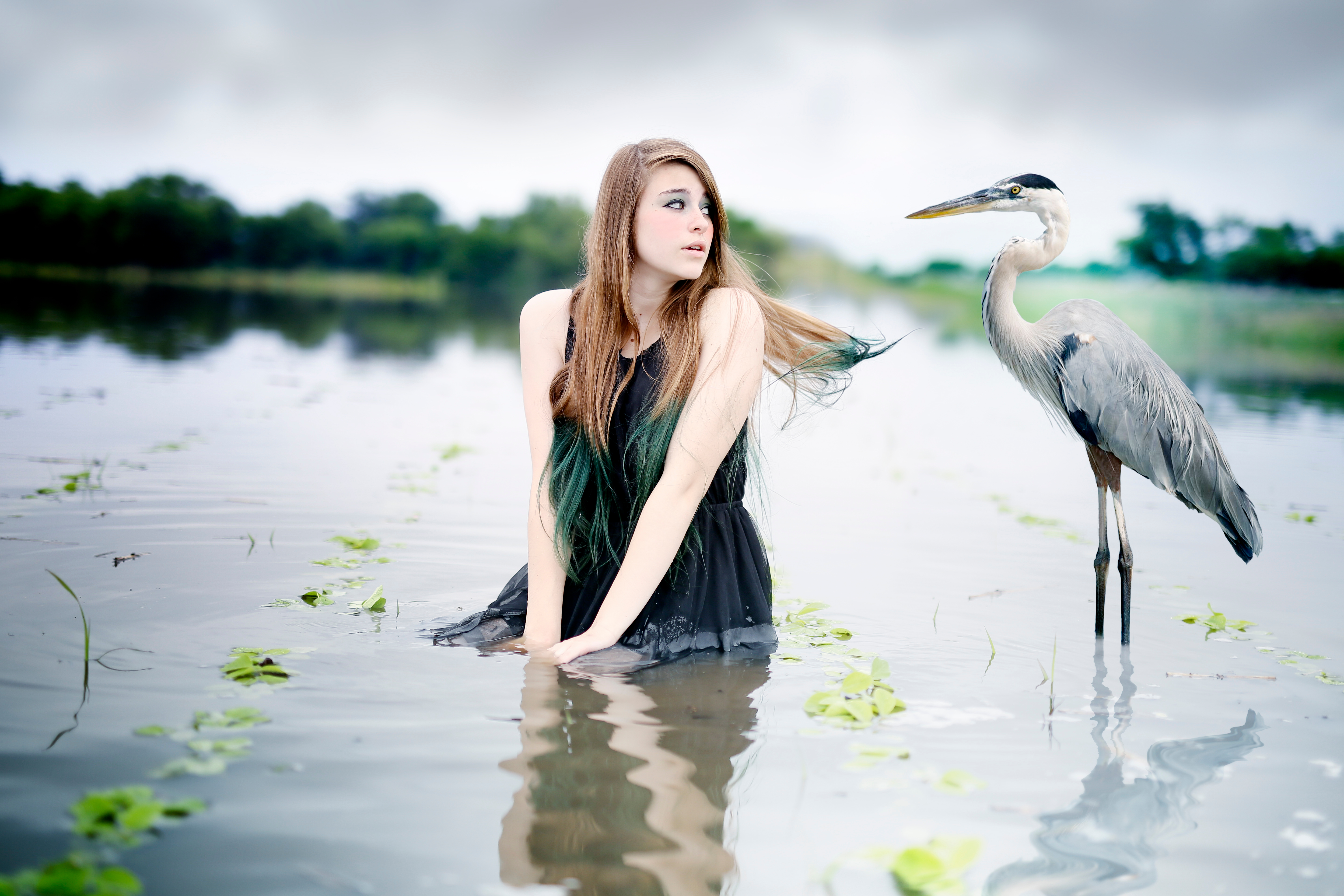 Model in a lake next to a great blue heron by Alicia Luciana