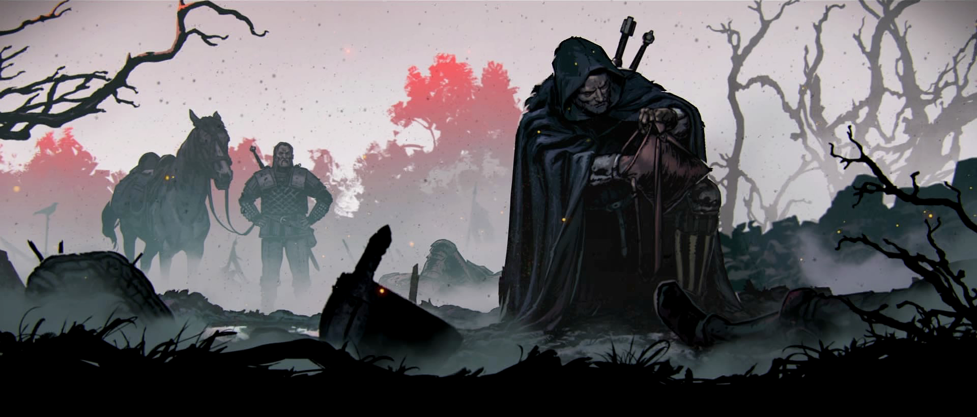 A dark, atmospheric HD wallpaper from The Witcher 3: Wild Hunt, featuring a cloaked figure in a haunting landscape, with silhouetted horses and trees in the background.