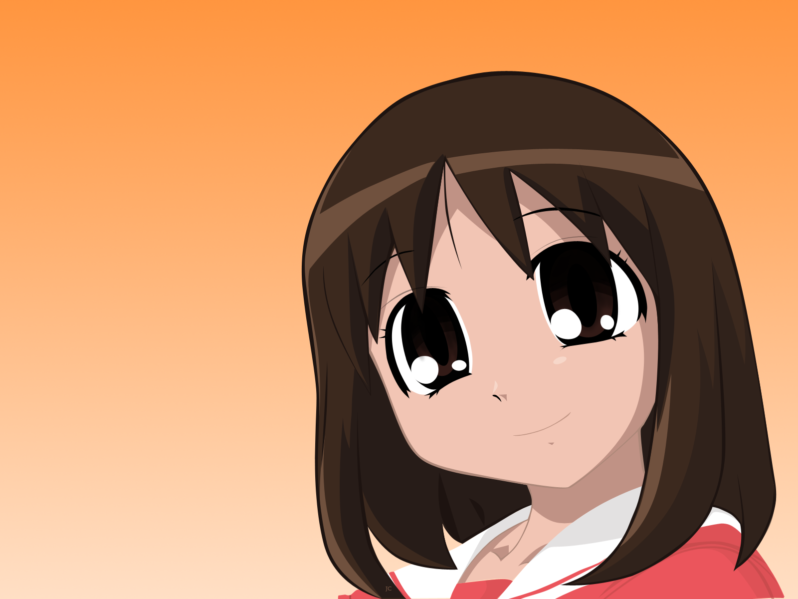 HD PC desktop wallpaper featuring an anime character from Azumanga Daioh with large expressive eyes and brown hair against a soft orange background.