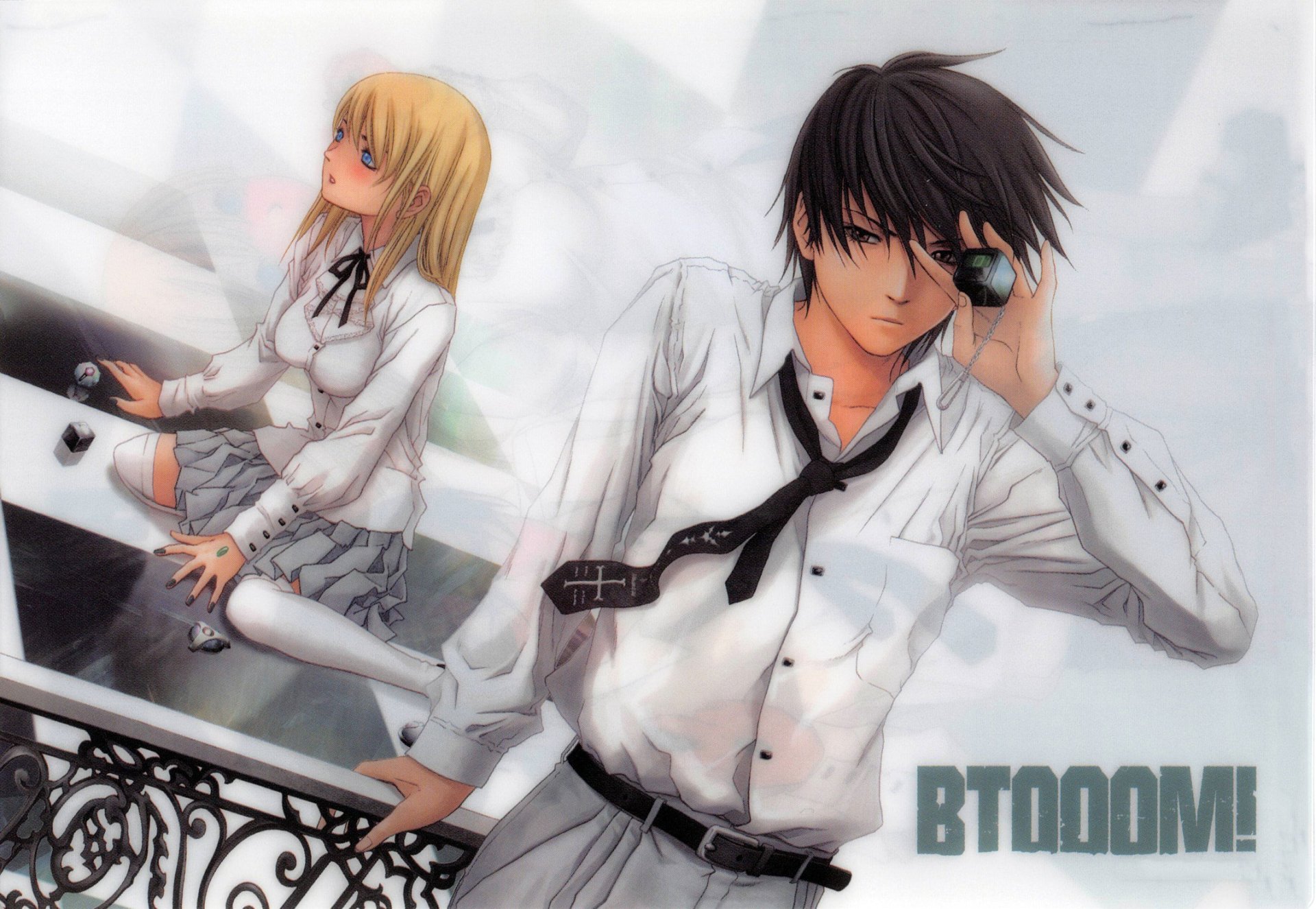 HD anime desktop wallpaper featuring Himiko and Ryōta Sakamoto from Btooom!, showcasing dynamic poses and detailed character art.