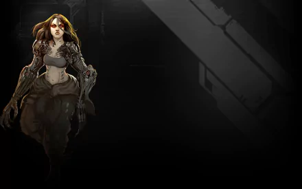 Cyberpunk-themed HD PC desktop wallpaper featuring a female character from the video game Shadowrun: Dragonfall against a dark, industrial background.