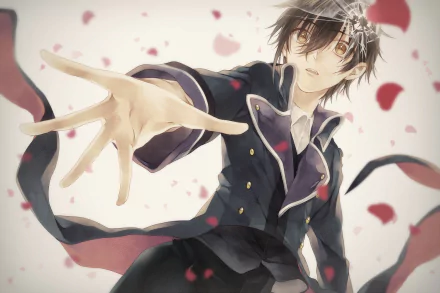 HD PC desktop wallpaper featuring Takeru Kusuhara from the anime K Project, reaching out with a dynamic pose surrounded by floating rose petals.