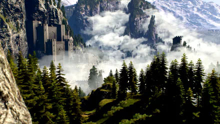 A stunning HD wallpaper of Kaer Morhen from The Witcher 3: Wild Hunt, featuring majestic mountains, lush forests, and mystical clouds shrouding the iconic castle.
